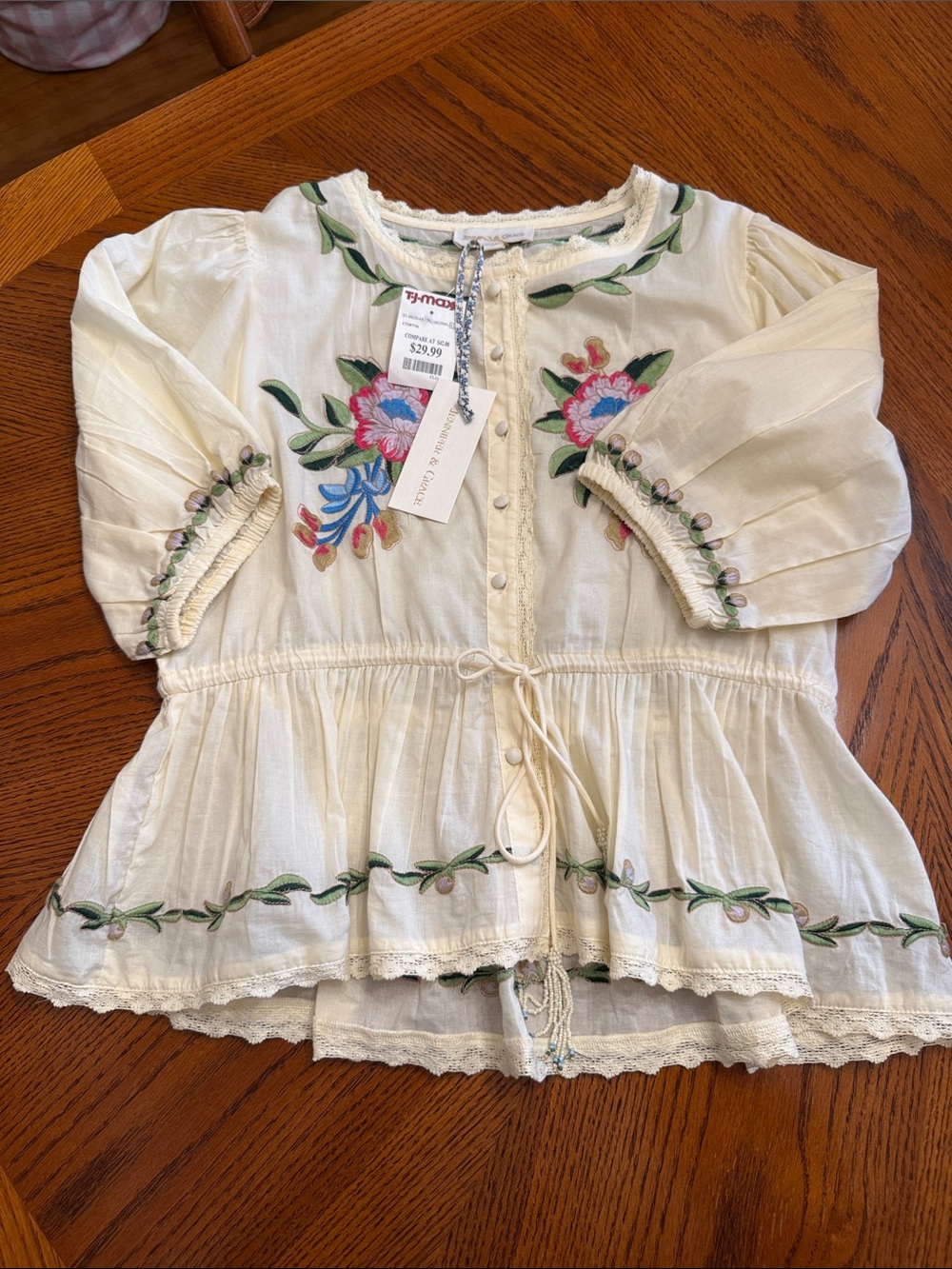 Cream Embroidered Peasant Blouse with Floral Detail